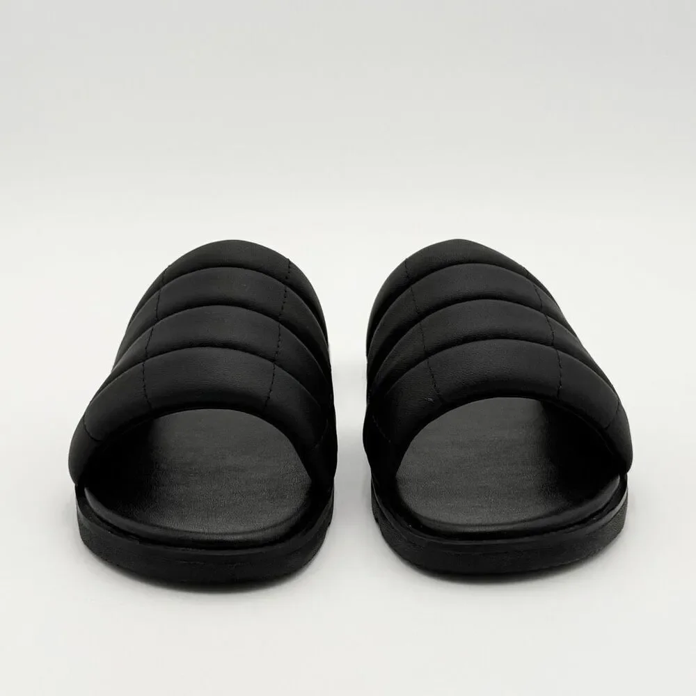 Sorel Ella III Quilted Puff Leather Black Slides - US Women’s Size 9 / EU 40 //